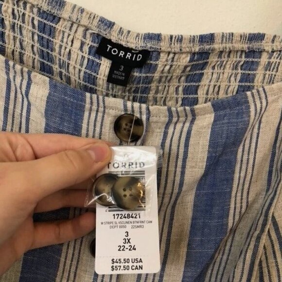NEW NWT TORRID 3 Plus Size Linen Blend Button Crop Tank Top Beige Blue Stripe 3X - Picture 6 of 10